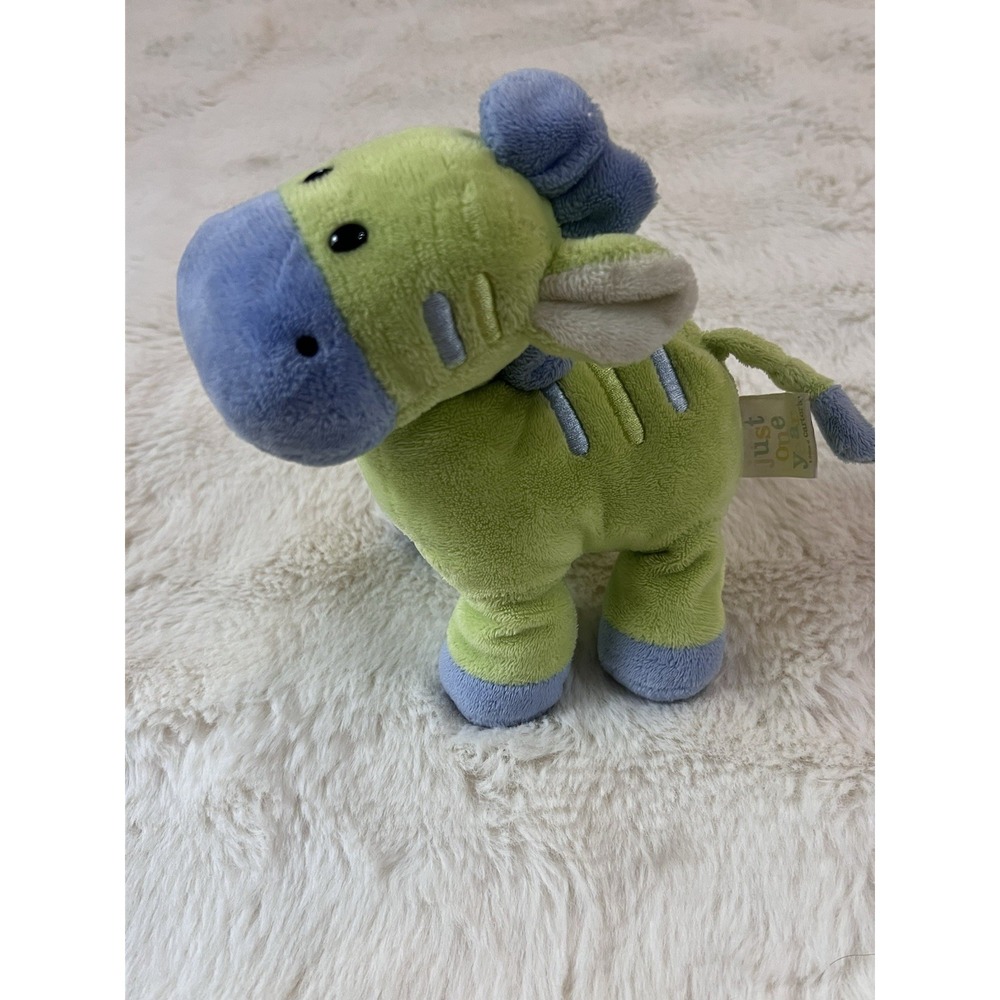 Carters Just One Year Green Zebra Plush Blue Stripe Horse Rattle 7" Soft Lovey
